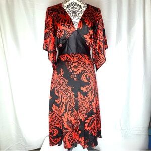 KOPA 100% Silk Black & Red Tie Back Empire Waist Midi Dress